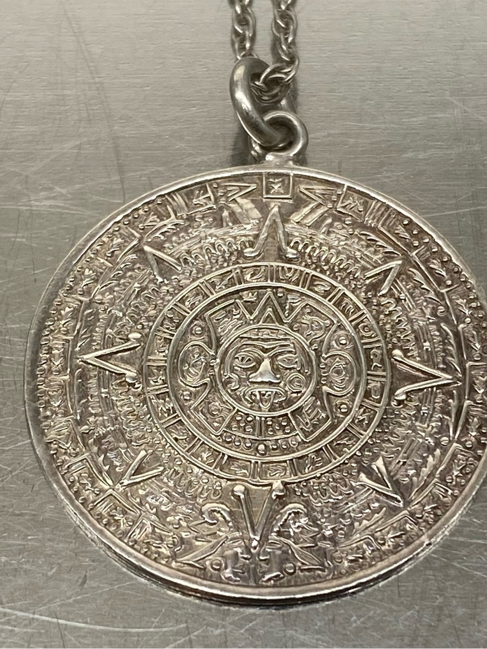 Mexico Sterling Silver 925 Aztec Calendar Disc Pendant Vintage Necklace Mayan